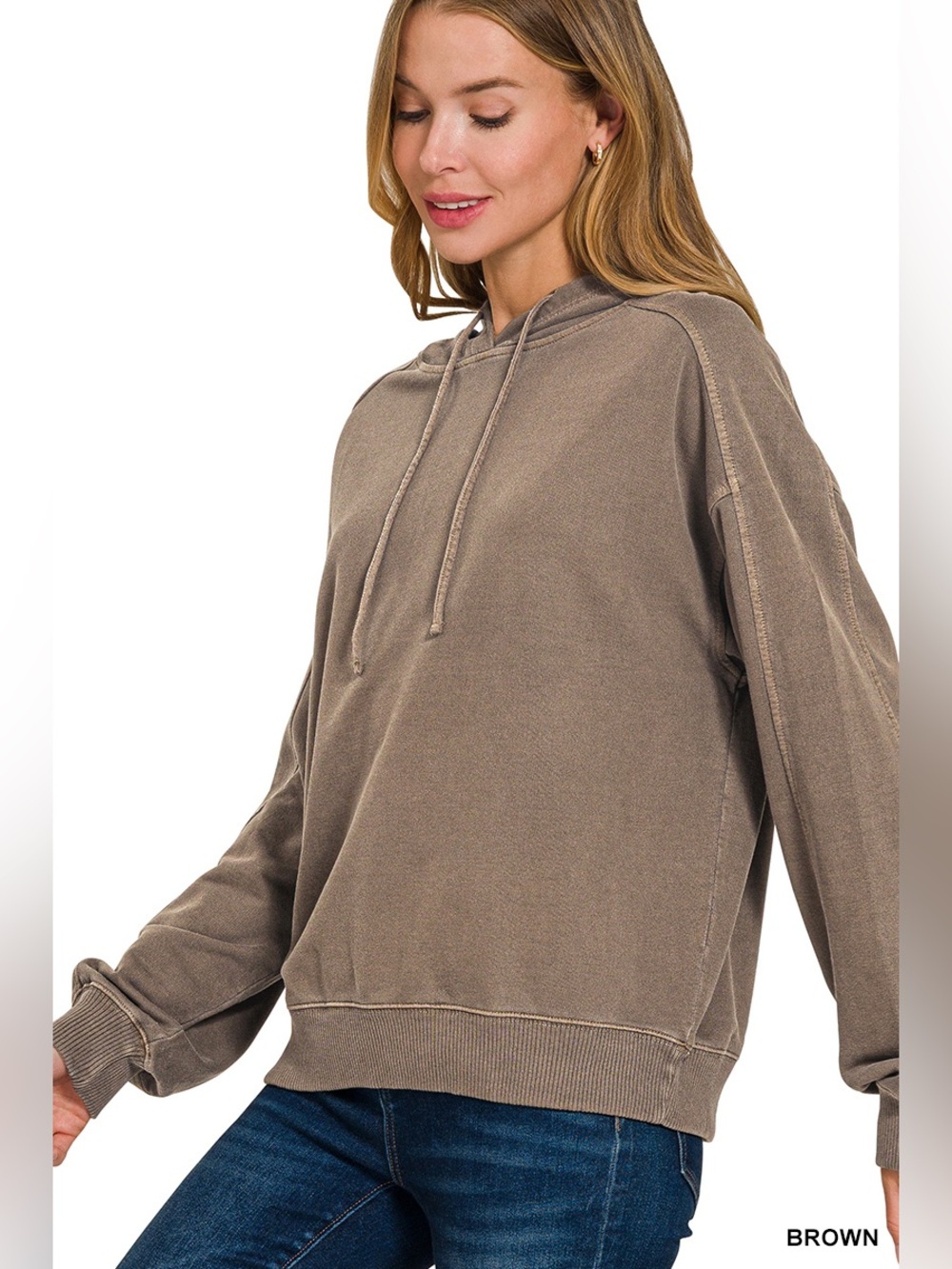 Zenana Brown Pigment Dye & Enzyme Washed French Terry Hoodie - Picture 2 of 2